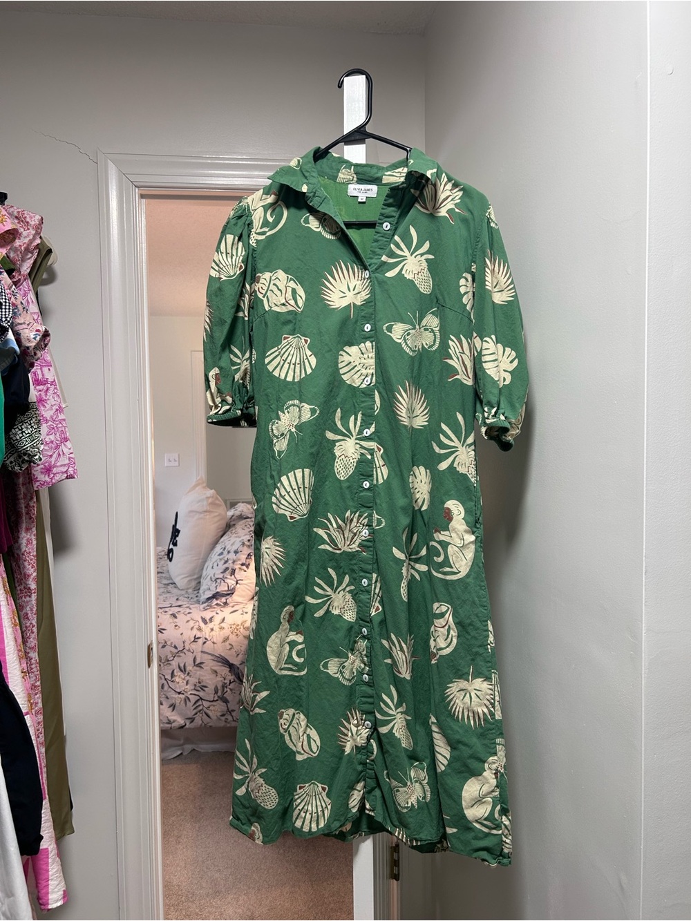 Green Tropical-Print Button-Front Maxi Dress